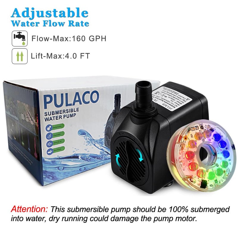 PULACO 160GPH Small Fountain Pump, 10Watt Submersible Pump with Automatic Color Changing LED Light and 3.3 ft Tubing for Water Feature, Outdoor Pond, Aquarium fish tanks - Image 2
